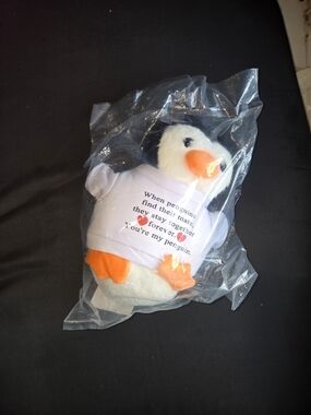 Plush Penguin Pet Toy in White and Orange with Printed Shirt
